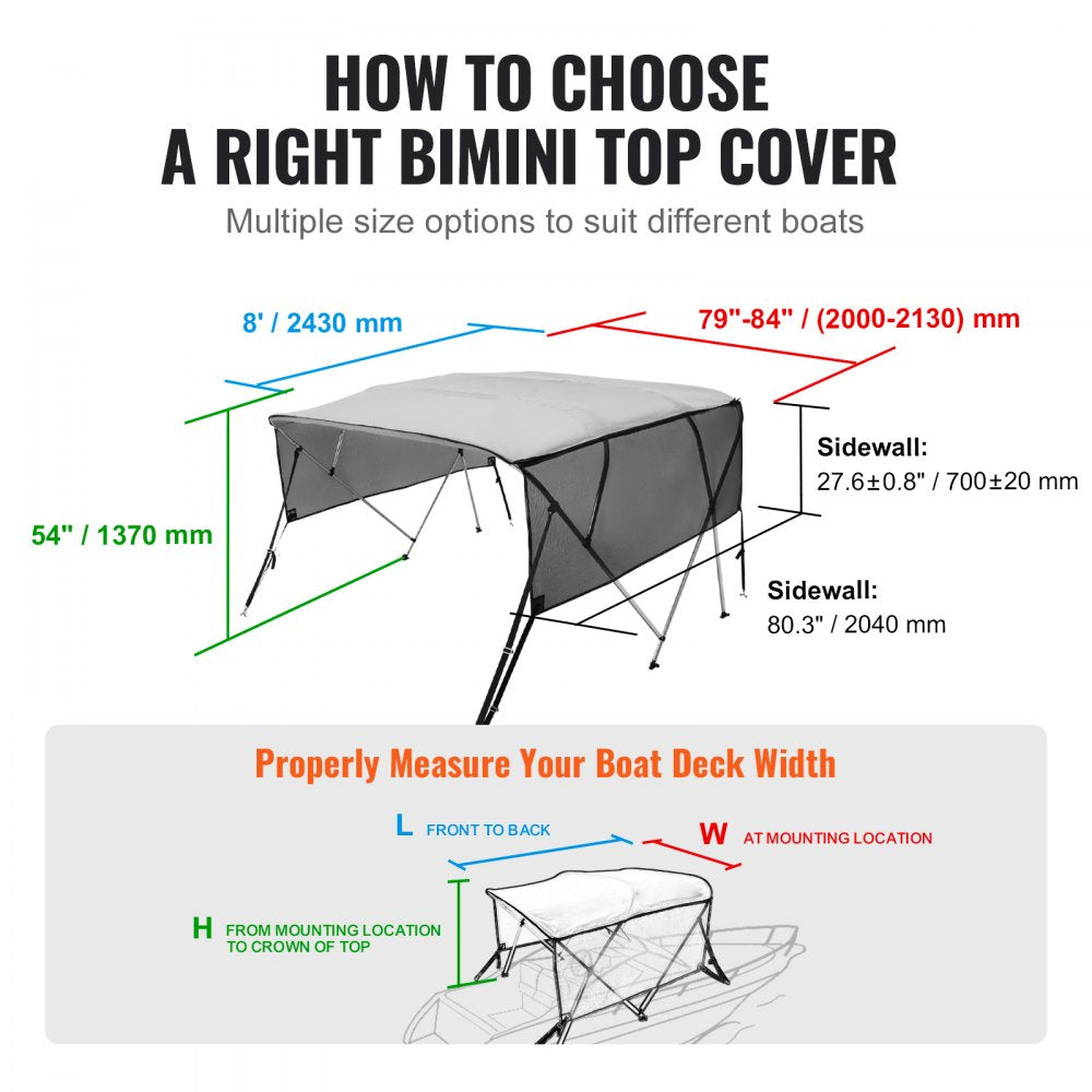 4 Bow Bimini Top Boat Cover, Detachable Mesh Sidewalls, 600D Polyester Canopy with 1" Aluminum Alloy Frame, Includes Storage Boot, 2 Straps, 2 Support Poles, 8`L x 54"H x 79"-84"W, Light Grey