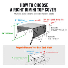 4 Bow Bimini Top Boat Cover, Detachable Mesh Sidewalls, 600D Polyester Canopy with 1" Aluminum Alloy Frame, Includes Storage Boot, 2 Straps, 2 Support Poles, 8`L x 54"H x 79"-84"W, Light Grey