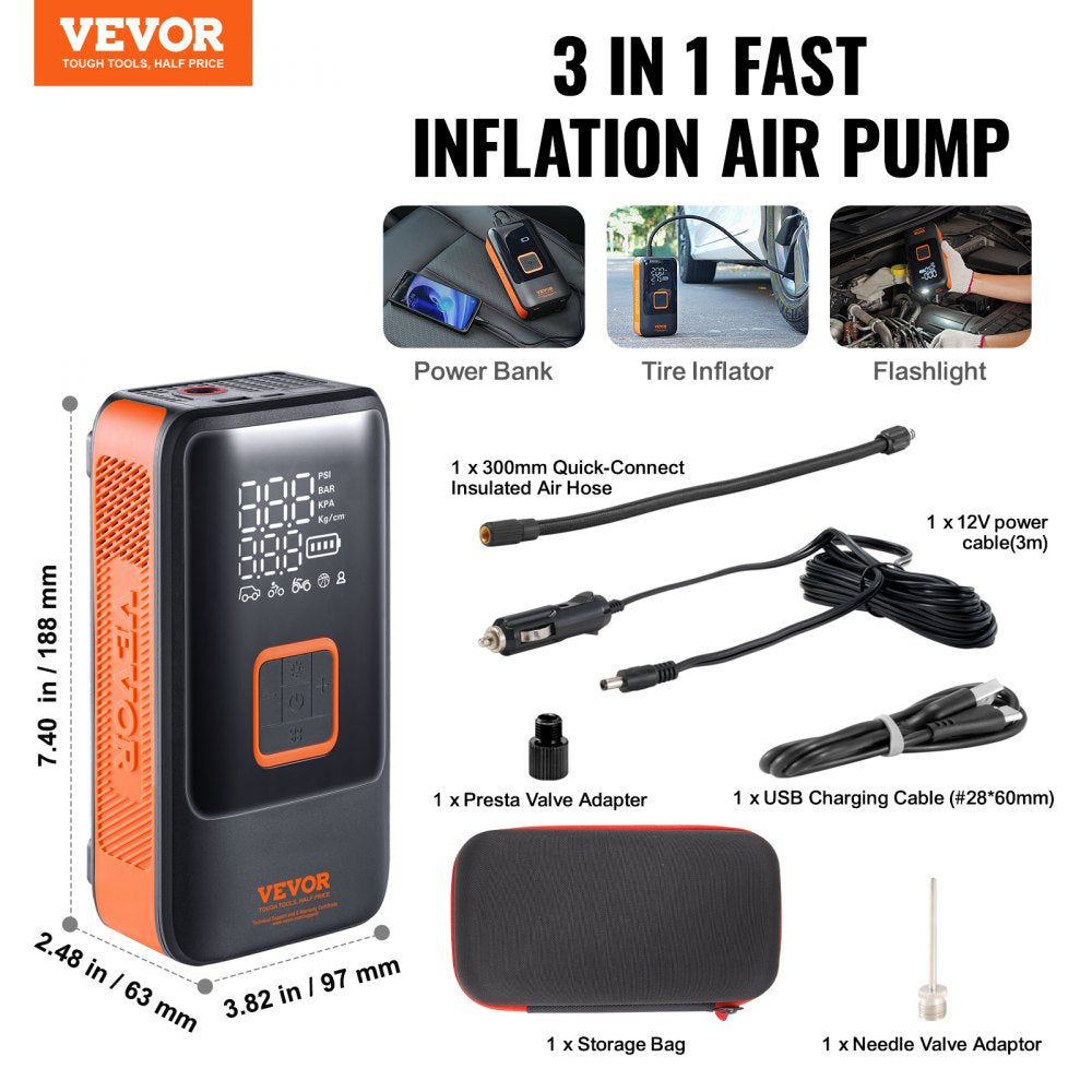 Tire Inflator Portable Air Compressor, 30s Fast Inflation Dual-Cylinder Air Pump, 12000 mAh Cordless Air Compressor with LCD Screen, Auto Shut-Off, Suitable for SUV, MPV, Cars, Motorcycles