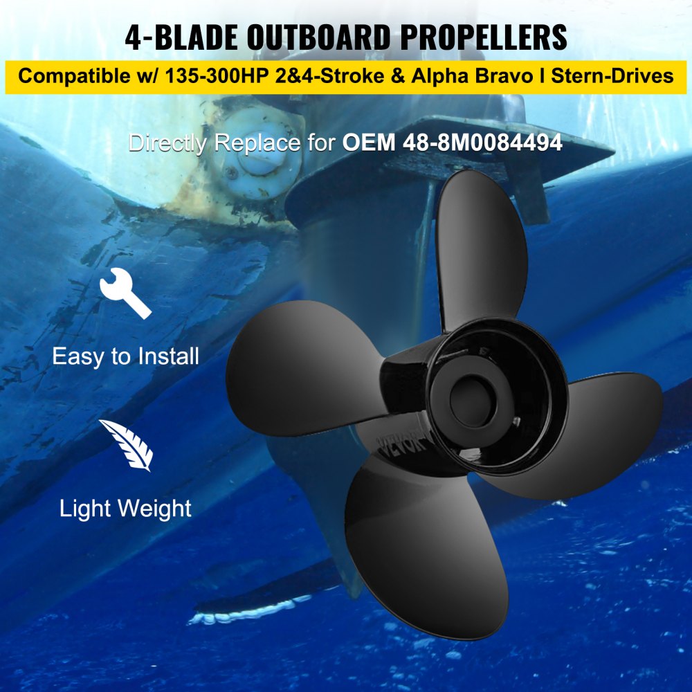 Outboard Propeller, Replace for OEM 48-8M0084494, 4-Blade 14 1/2 x 17 Boat Propeller, Compatible w/ 135-300HP 2-Stroke & 4-Stroke Outboards, Alpha&Bravo I Stern-Drives, RH