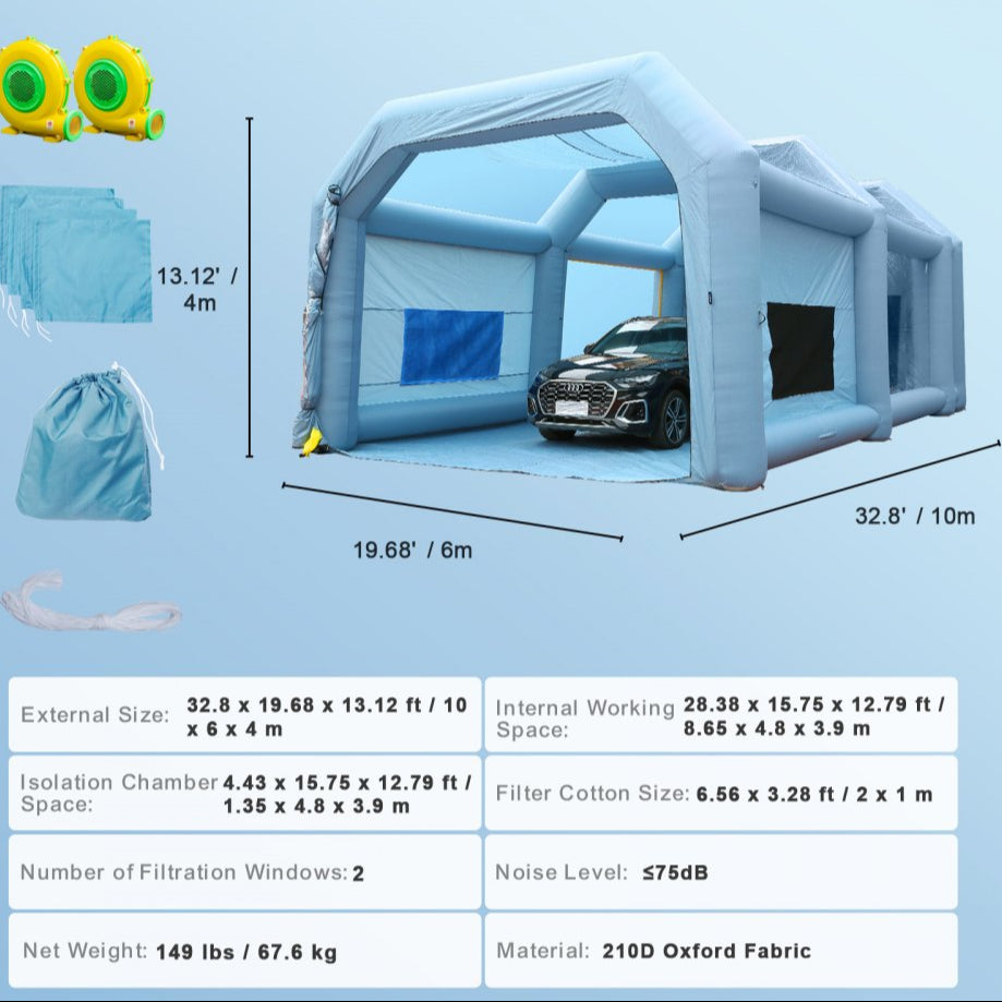 Inflatable Paint Booth, 33x20x13ft Inflatable Spray Booth, High Powerful 950W+1100W Blowers Spray Booth Tent, Car Paint Tent Air Filter System for Car Parking Tent Workstation Motorcycle Garage