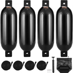 Boat Fenders, 5.5" x 20" Boat Bumpers for Docking, Inflatable Ribbed Fender with Center Holes, Marine Boat Dock Fender Bumper with Air Pump, 4 Needles and 4 Ropes and Storage Bag, Black