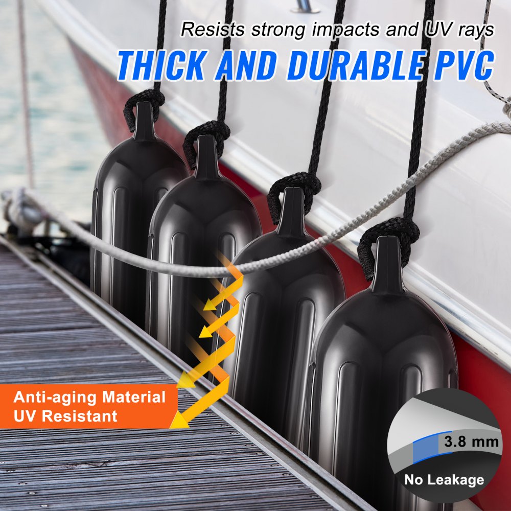 Boat Fenders, 5.5" x 20" Boat Bumpers for Docking, Inflatable Ribbed Fender with Center Holes, Marine Boat Dock Fender Bumper with Air Pump, 4 Needles and 4 Ropes and Storage Bag, Black