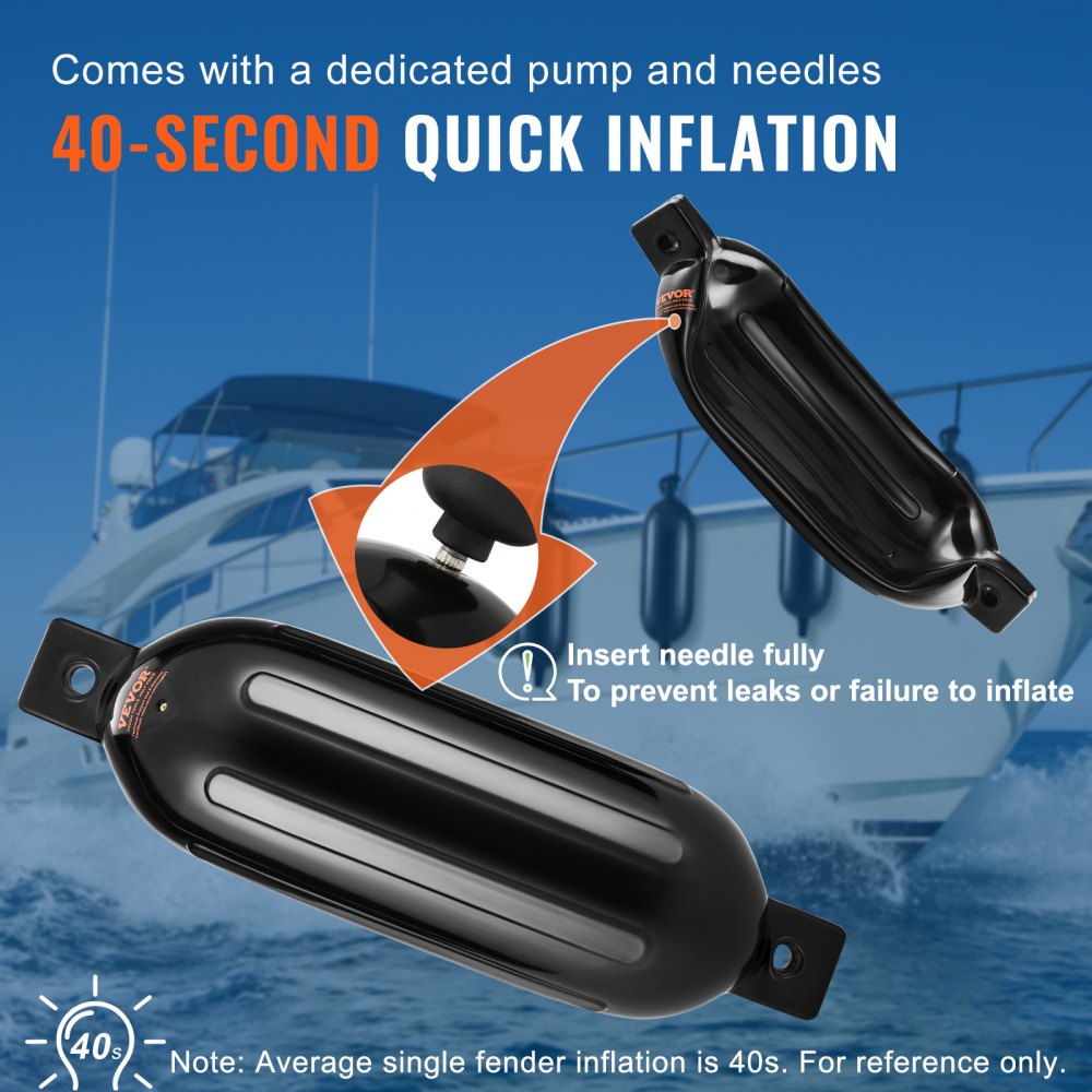 Boat Fenders, 5.5" x 20" Boat Bumpers for Docking, Inflatable Ribbed Fender with Center Holes, Marine Boat Dock Fender Bumper with Air Pump, 4 Needles and 4 Ropes and Storage Bag, Black