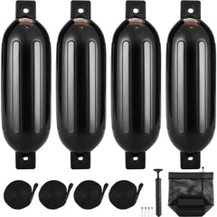 Boat Fenders, 6.5" x 23" Boat Bumpers for Docking, Inflatable Ribbed Fender with Center Holes, Marine Boat Dock Fender Bumper with Air Pump, 4 Needles and 4 Ropes and Storage Bag, Black