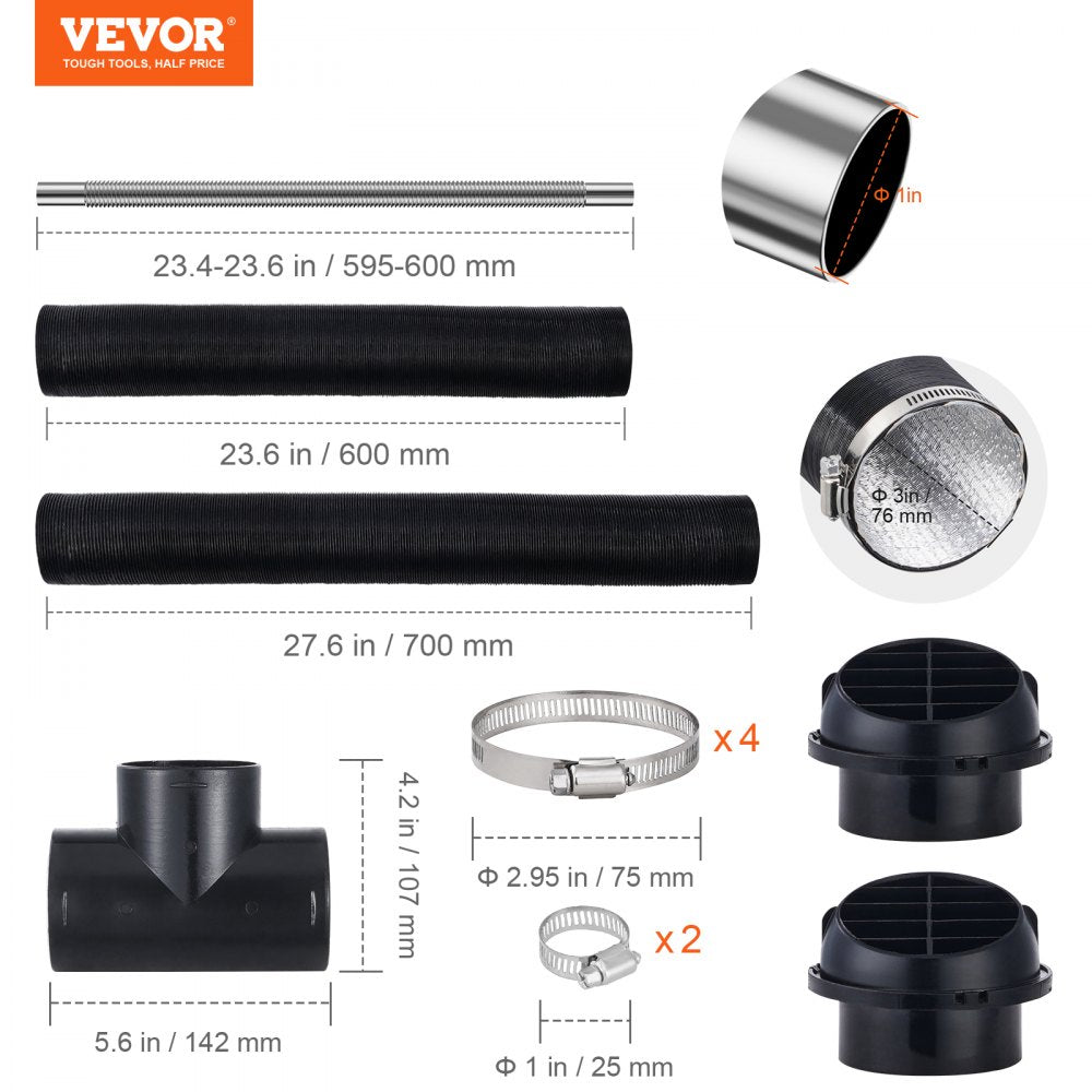 Diesel Heater Pipe Ducting Set, 3" Extendable Air Duct Hose, 1" Stainless Steel Exhaust Pipe, 2 Air Vents, Tee Air Outlet Connector and Hose Clamps, for 2KW/5KW/8KW Diesel Parking Heaters