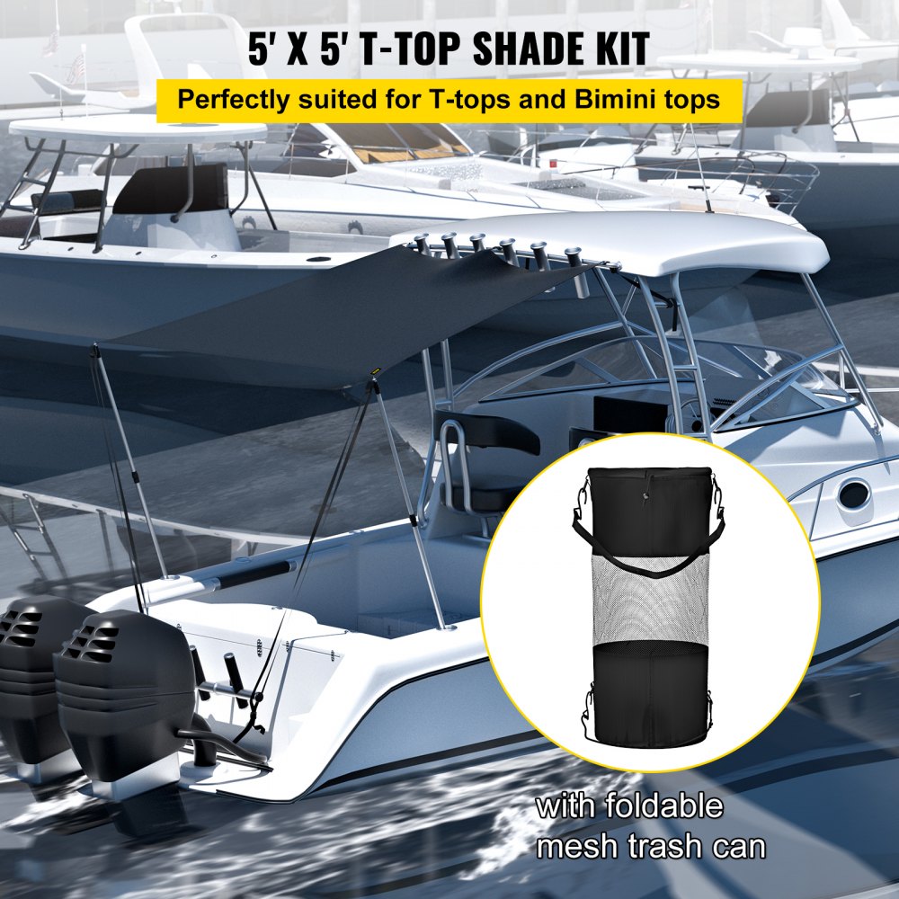 T-Top Sun Shade Kit 5` x 5`, UV-Proof 600D Polyester T-top Extension Kit with Rustproof Steel Telescopic Poles, Waterproof T-Top Shade Kit, Easy to Assemble for T-Tops ＆ Bimini Top