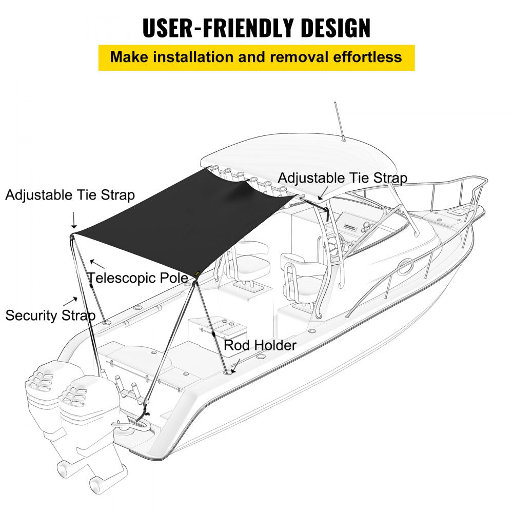 T-Top Sun Shade Kit 5` x 5`, UV-Proof 600D Polyester T-top Extension Kit with Rustproof Steel Telescopic Poles, Waterproof T-Top Shade Kit, Easy to Assemble for T-Tops ＆ Bimini Top