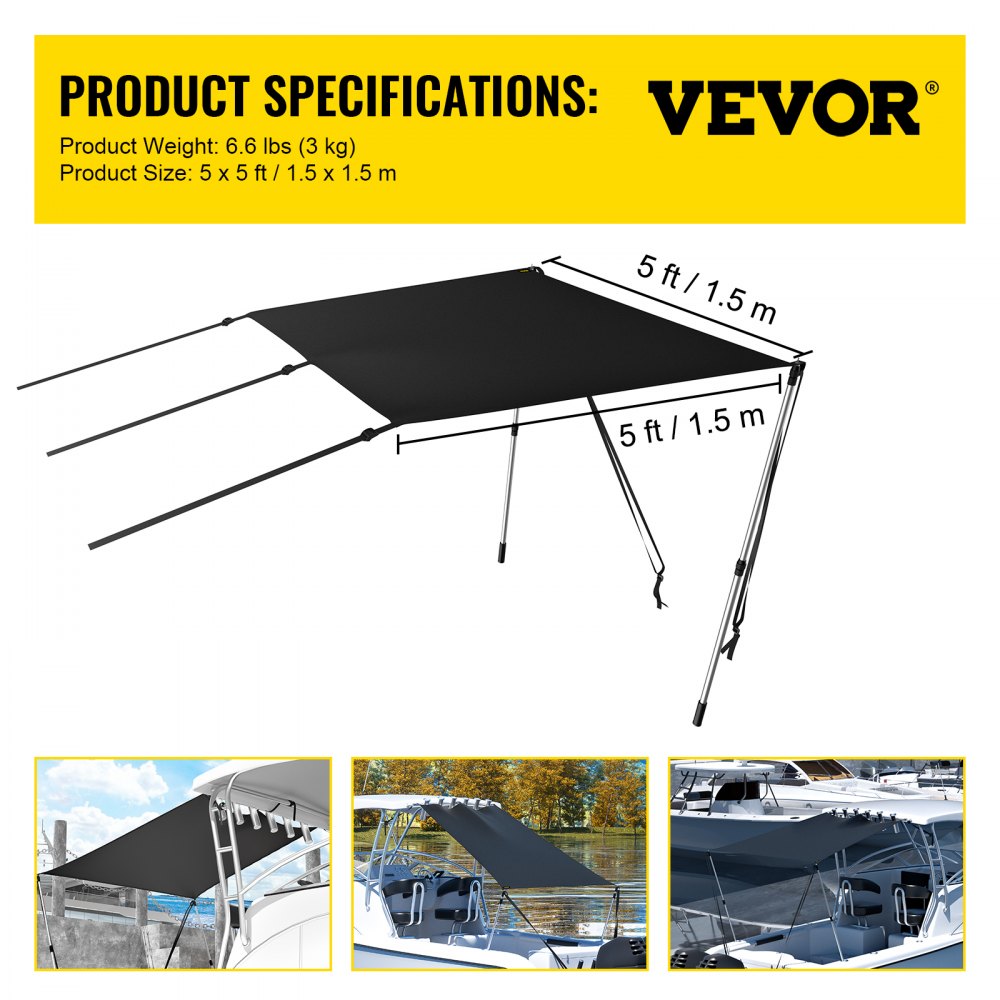 T-Top Sun Shade Kit 5` x 5`, UV-Proof 600D Polyester T-top Extension Kit with Rustproof Steel Telescopic Poles, Waterproof T-Top Shade Kit, Easy to Assemble for T-Tops ＆ Bimini Top