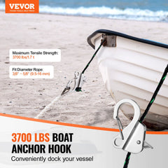 Boat Anchor Hook, 304 Stainless Steel Slide Anchor, Knotless Anchor System with Quick Release, Boat Anchor Hook Clips for 3/8" - 5/8" Boat Anchor Rope, Easy to Use, Holds 3700 LBS