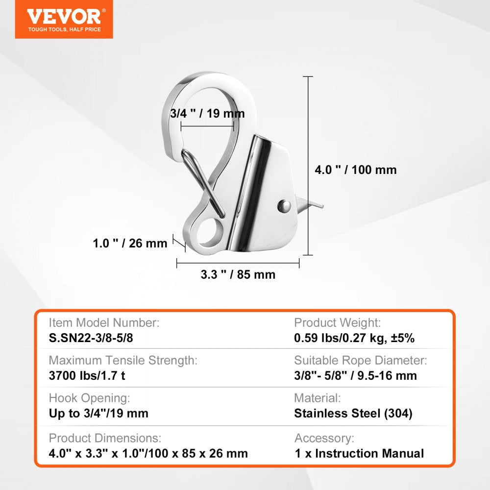 Boat Anchor Hook, 304 Stainless Steel Slide Anchor, Knotless Anchor System with Quick Release, Boat Anchor Hook Clips for 3/8" - 5/8" Boat Anchor Rope, Easy to Use, Holds 3700 LBS