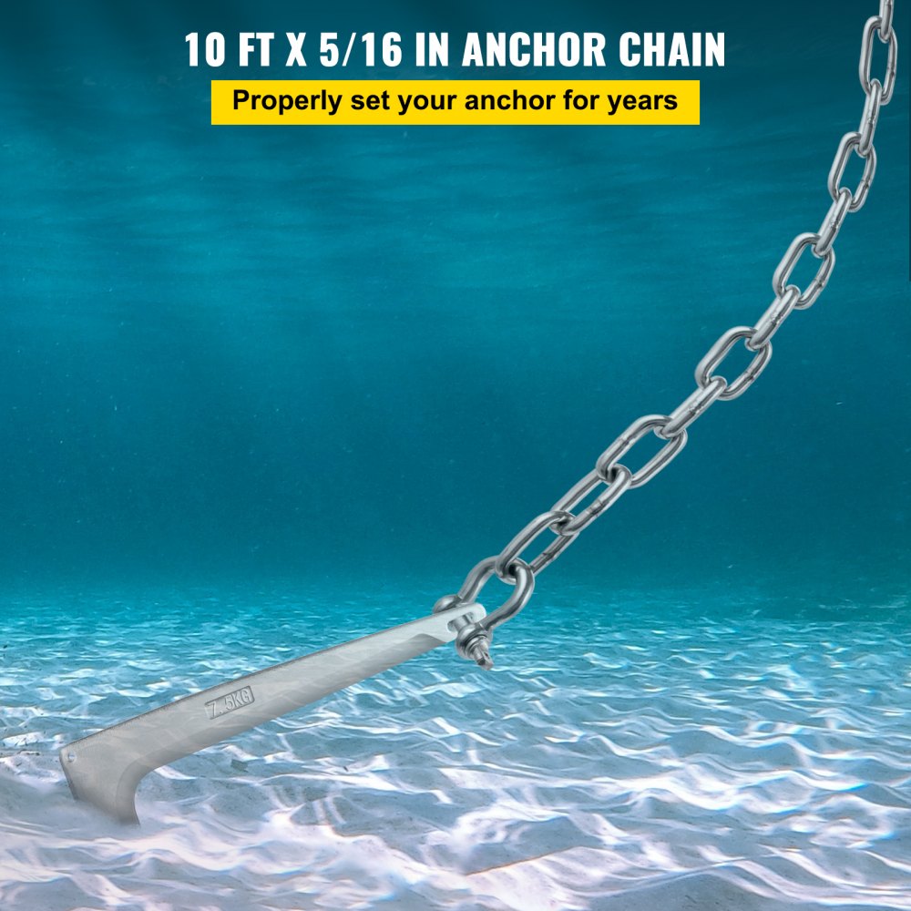 Anchor Chain, 10 ft x 5/16 in 316 Stainless Steel Chain, 3/8" Anchor Chain Shackle, 7120lbs Anchor Lead Chain Breaking Load, 9460lbs Anchor Chain Shackle Breaking Load, Anchor Chain for Boats