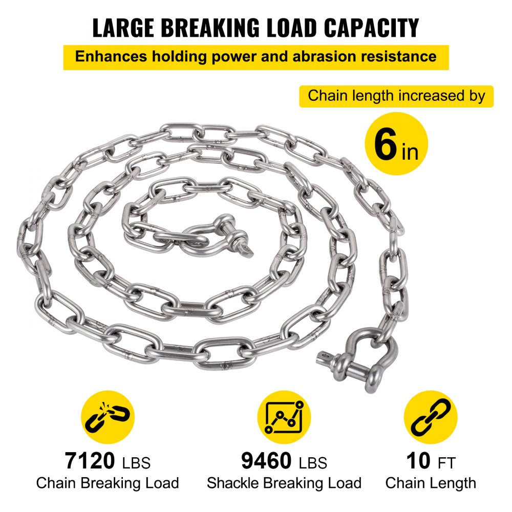 Anchor Chain, 10 ft x 5/16 in 316 Stainless Steel Chain, 3/8" Anchor Chain Shackle, 7120lbs Anchor Lead Chain Breaking Load, 9460lbs Anchor Chain Shackle Breaking Load, Anchor Chain for Boats