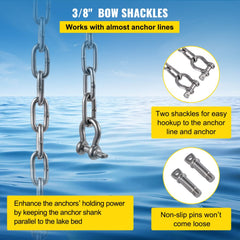 Anchor Chain, 10 ft x 5/16 in 316 Stainless Steel Chain, 3/8" Anchor Chain Shackle, 7120lbs Anchor Lead Chain Breaking Load, 9460lbs Anchor Chain Shackle Breaking Load, Anchor Chain for Boats