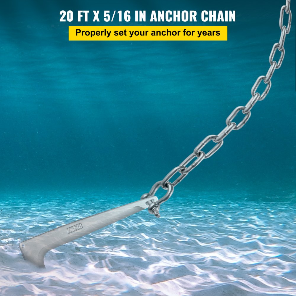 Anchor Chain, 20` x 5/16" 316 Stainless Steel Chain, 3/8" Anchor Chain Shackle, 7120lbs Anchor Lead Chain Breaking Load, 9460lbs Anchor Chain Shackle Breaking Load, Anchor Chain for Small Boats