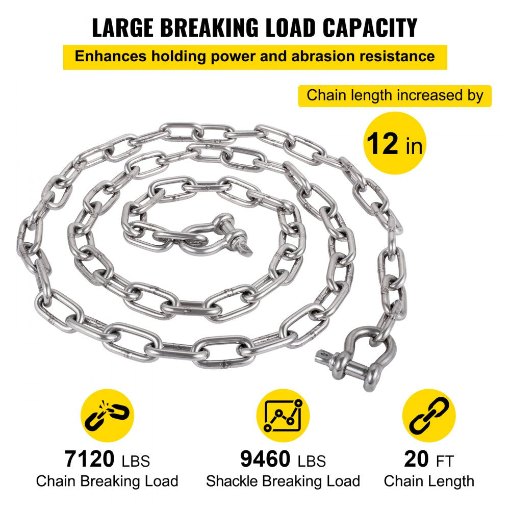 Anchor Chain, 20` x 5/16" 316 Stainless Steel Chain, 3/8" Anchor Chain Shackle, 7120lbs Anchor Lead Chain Breaking Load, 9460lbs Anchor Chain Shackle Breaking Load, Anchor Chain for Small Boats