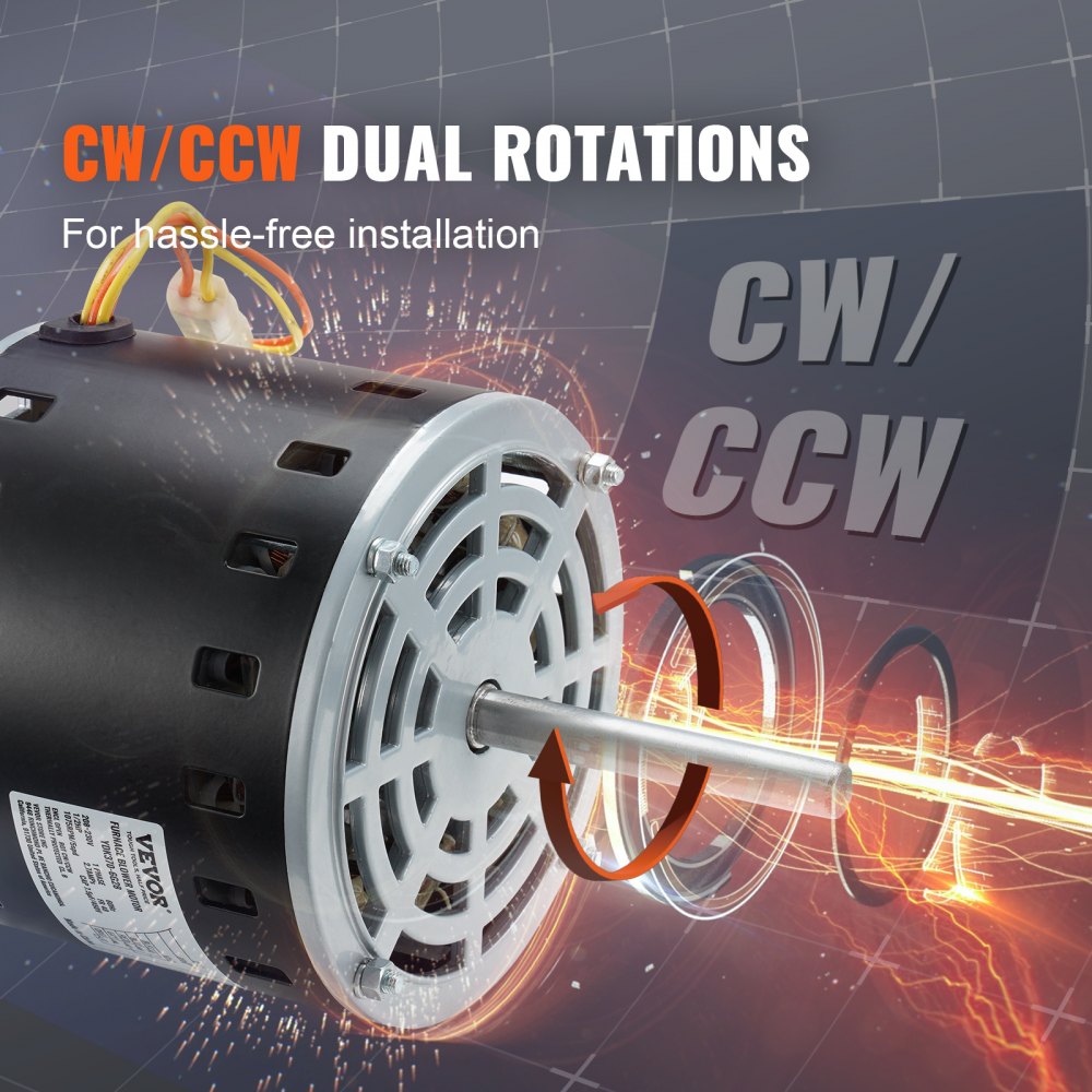 1/2HP Furnace Blower Motor, 208/230V 2.7Amps, 1075RPM 5 Speeds, CW/CCW Rotation, 48 Frame 3.4" Shaft Length, 7.5μF/450V Capacitor + 11" Hold Hoop