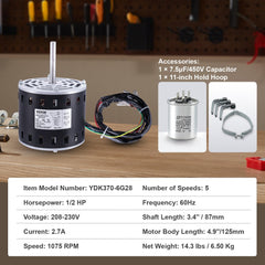 1/2HP Furnace Blower Motor, 208/230V 2.7Amps, 1075RPM 5 Speeds, CW/CCW Rotation, 48 Frame 3.4" Shaft Length, 7.5μF/450V Capacitor + 11" Hold Hoop