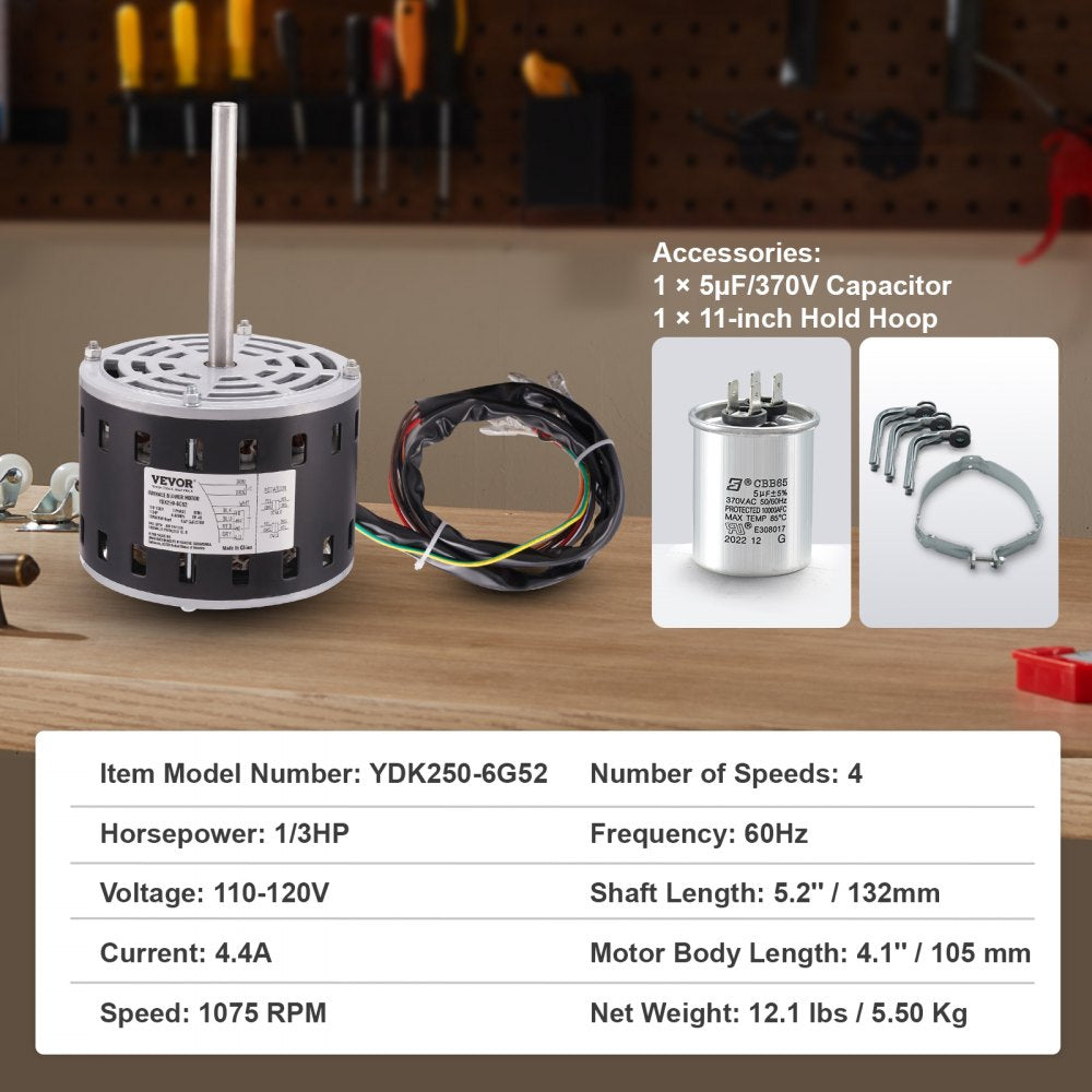 1/3HP Furnace Blower Motor, 110/120V 4.4Amps, 1075RPM 4 Speeds, CW/CCW Rotation, 48 Frame 5.2" Shaft Length, 5μF/370V Capacitor + 11" Hold Hoop