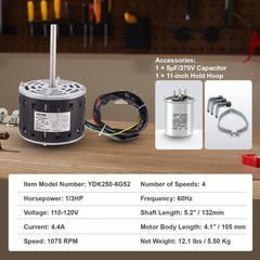 1/3HP Furnace Blower Motor, 110/120V 4.4Amps, 1075RPM 4 Speeds, CW/CCW Rotation, 48 Frame 5.2" Shaft Length, 5μF/370V Capacitor + 11" Hold Hoop