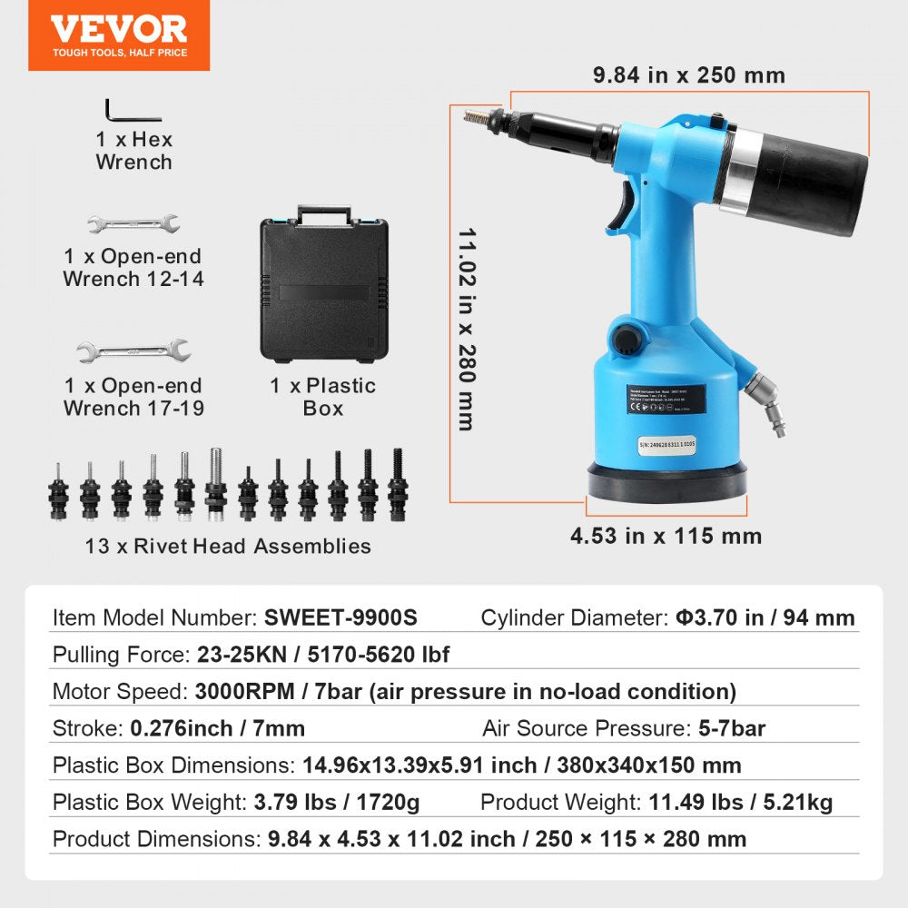 Pneumatic Air Riveter Heavy Duty Rivet Gun Tool Kit 13 Size Nose Pieces