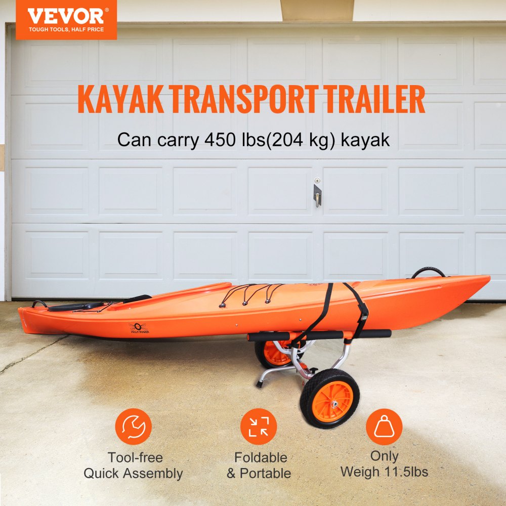 Heavy Duty Kayak Cart, 450lbs Load Capacity, Detachable Canoe Trolley Cart with 12`` Solid Tires, Adjustable Width & Nonslip Support Foot, for Kayaks Canoes Paddleboards Float Mats Jon Boats