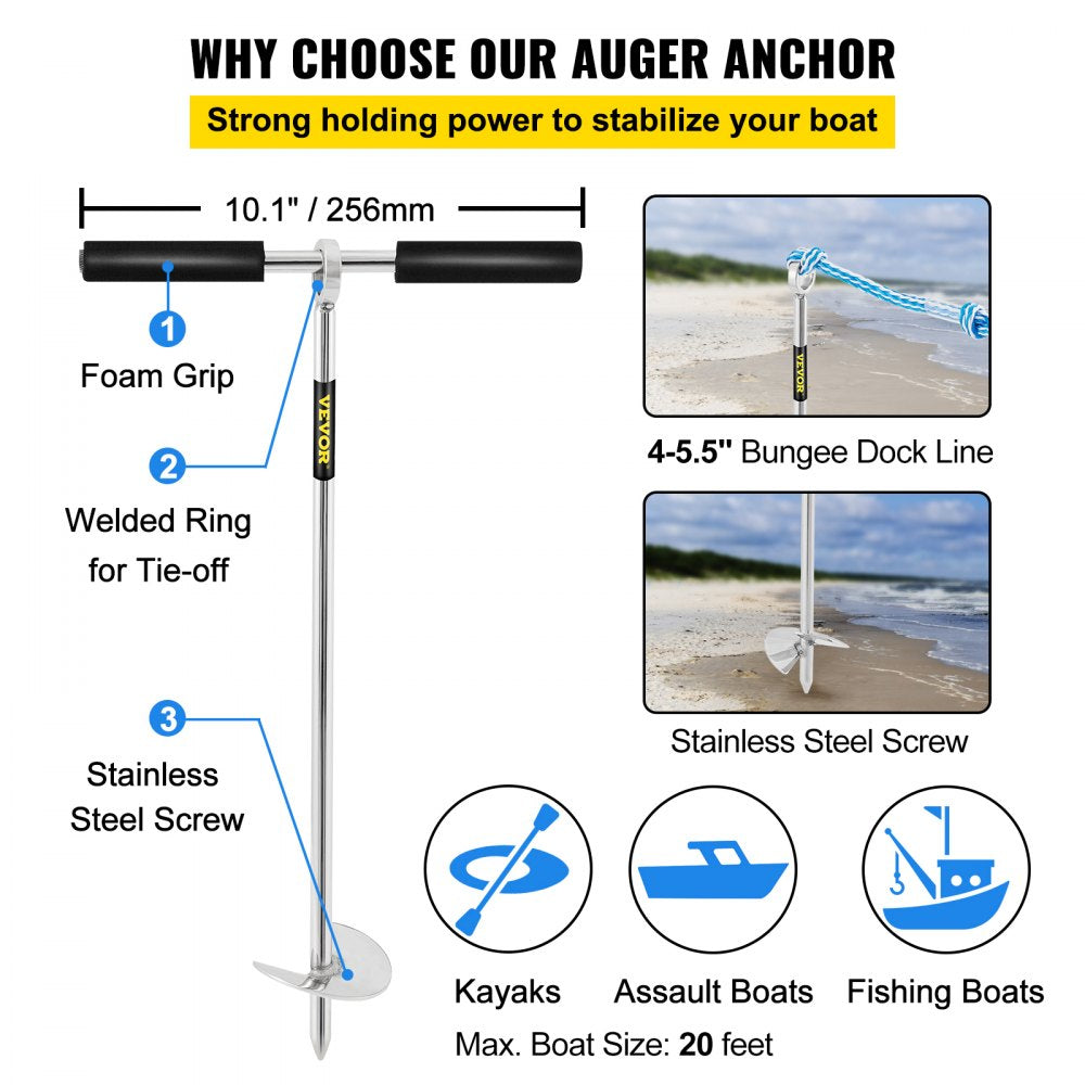 Sand Anchor, 18" Length Auger to The Beach and Sandbar, 316 Stainless Steel Screw Anchor w/Removable Handle, Bungee Line & Carry Bag, for Jet Ski PWC Pontoon Kayak