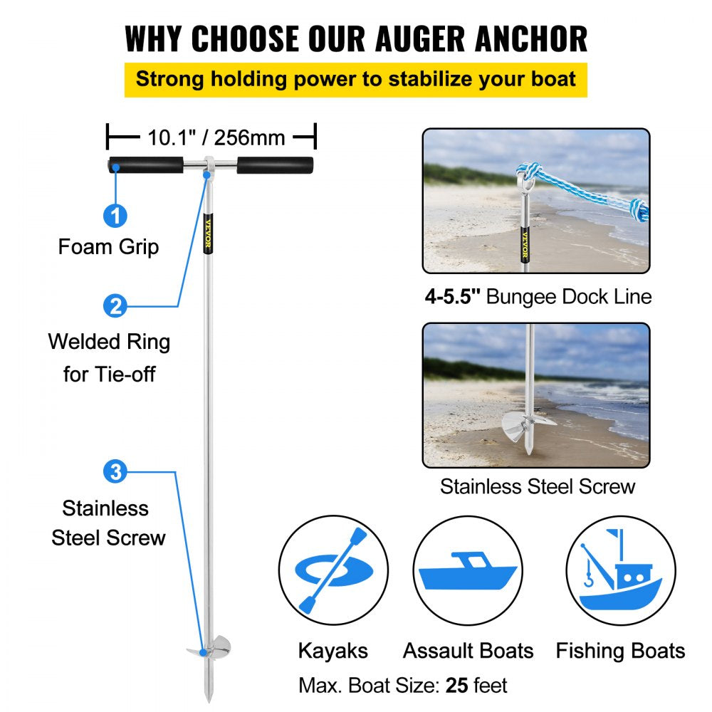 Sand Anchor, 36" Length Auger to The Beach and Sandbar, 316 Stainless Steel Screw Anchor w/Removable Handle, Bungee Line & Carry Bag, for Jet Ski PWC Pontoon Kayak