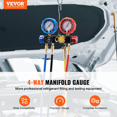 4 Way AC Gauge - AC Manifold Gauge Set for R134A R22 R12 R410A Refrigerant, Freon Gauges with 5ft Hoses, Couplers, Can Tap Works on Car Auto Freon Charging and Evacuation