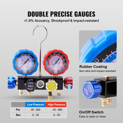 4 Way AC Gauge - AC Manifold Gauge Set for R134A R22 R12 R410A Refrigerant, Freon Gauges with 5ft Hoses, Couplers, Can Tap Works on Car Auto Freon Charging and Evacuation