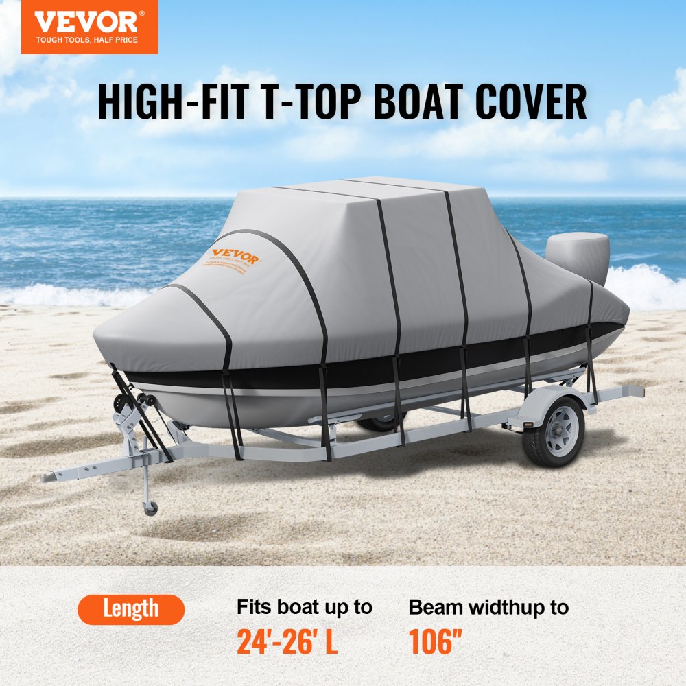 T Top Boat Cover, 24`-26` Waterproof Trailerable T-Top Boat Cover, 600D Marine Grade PU Oxford, with Windproof Buckle Straps, for Center Console Boat with T Top Roof, Fits 24`-26`L x 106"W, Grey