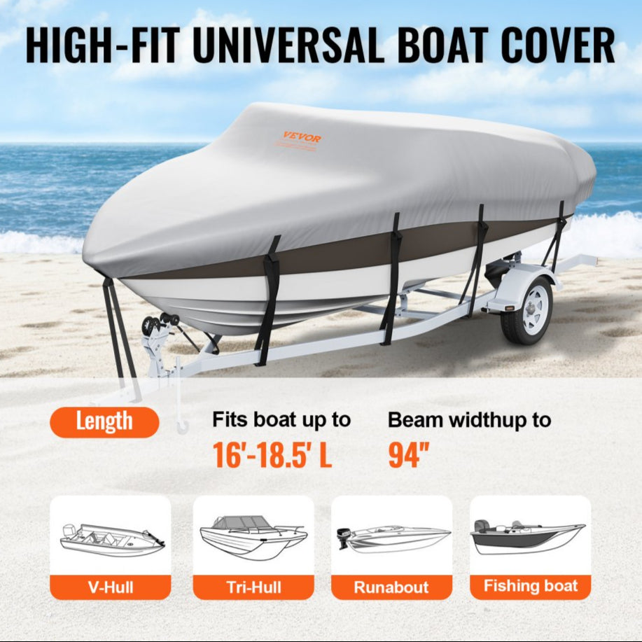 Boat Cover, 16`-18.5` Trailerable Waterproof Boat Cover, 600D Marine Grade PU Oxford, with Motor Cover and Buckle Straps, for V-Hull, Tri-Hull, Fish Ski Boat, Runabout, Bass Boat, Grey