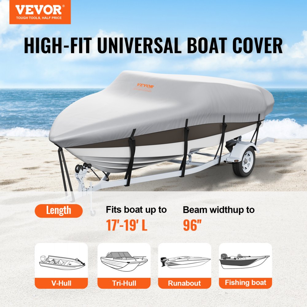 Boat Cover, 17`-19` Trailerable Waterproof Boat Cover, 600D Marine Grade PU Oxford, with Motor Cover and Buckle Straps, for V-Hull, Tri-Hull, Runabout, Bass Boat, Fish Ski Boat, Grey