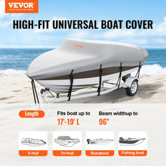 Boat Cover, 17`-19` Trailerable Waterproof Boat Cover, 600D Marine Grade PU Oxford, with Motor Cover and Buckle Straps, for V-Hull, Tri-Hull, Runabout, Bass Boat, Fish Ski Boat, Grey