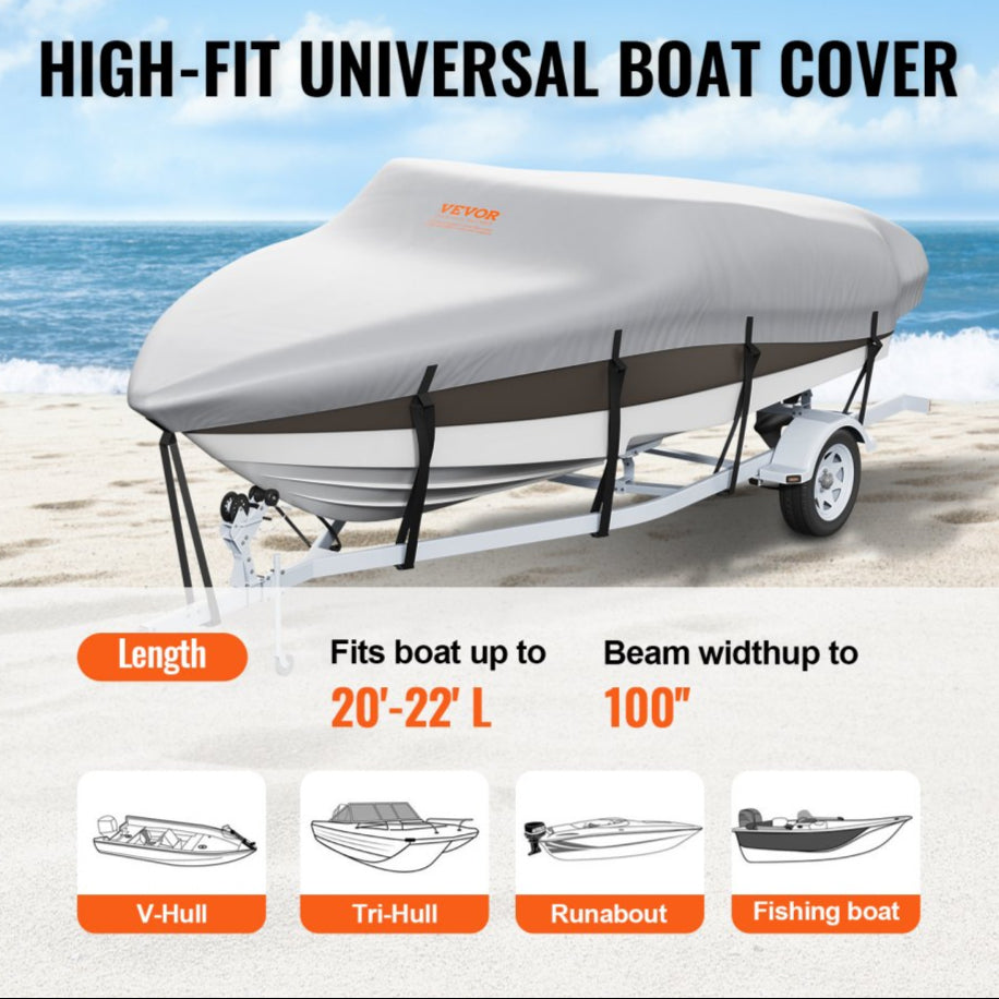 Boat Cover, 20`-22` Trailerable Waterproof Boat Cover, 600D Marine Grade PU Oxford, with Motor Cover and Buckle Straps, for V-Hull, Tri-Hull, Fish Ski Boat, Runabout, Bass Boat, Grey