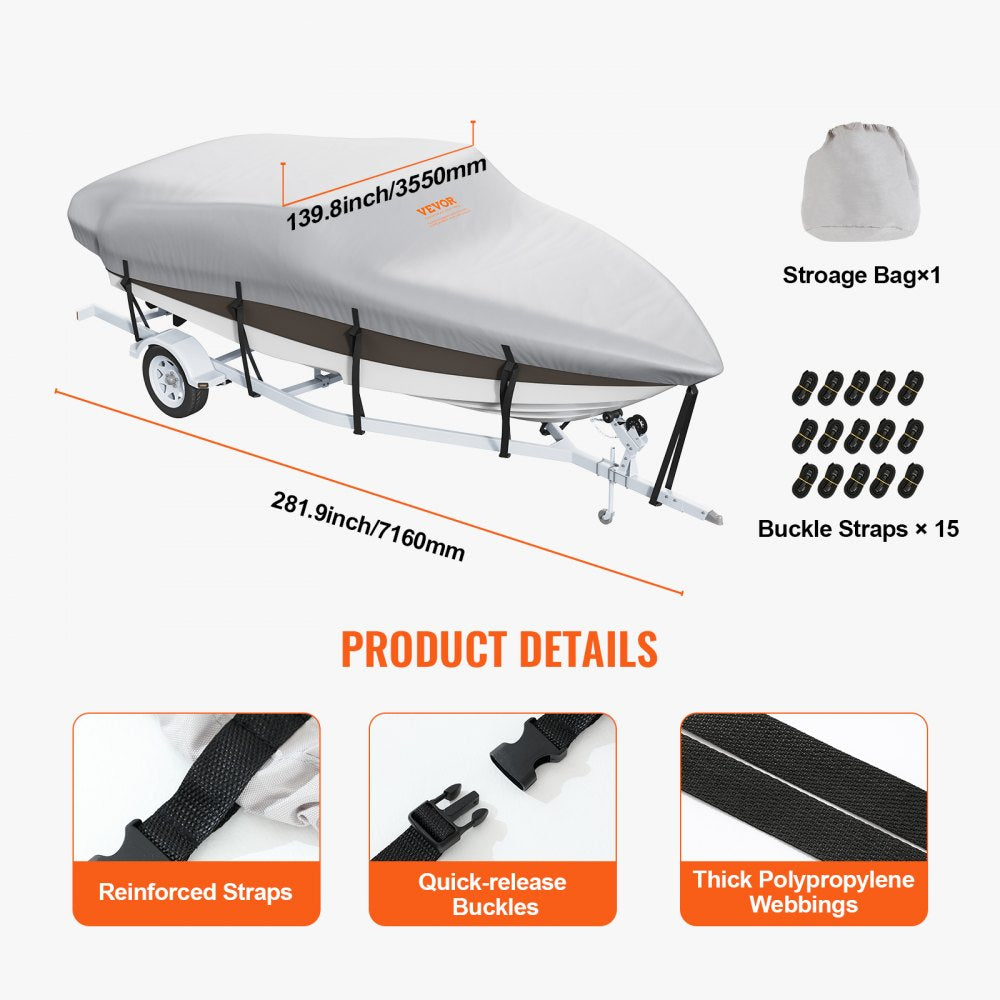 Boat Cover, 20`-22` Trailerable Waterproof Boat Cover, 600D Marine Grade PU Oxford, with Motor Cover and Buckle Straps, for V-Hull, Tri-Hull, Fish Ski Boat, Runabout, Bass Boat, Grey