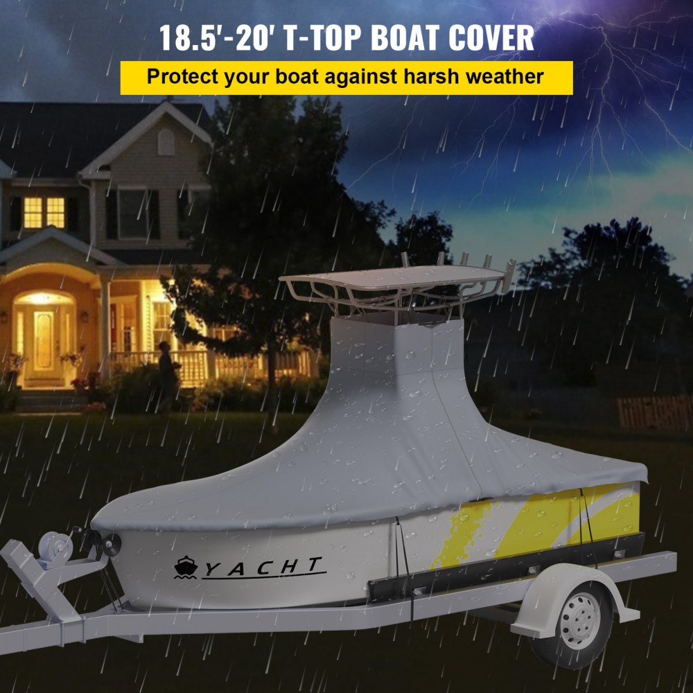 T-Top Boat Cover, Fit for 18.5`-20` Boat, Heavy Duty 600D Marine Grade Oxford Hard Top Cover, UV Resistant Waterproof Center Console Boat Cover w/ 2 Support Poles and 5 Wind-Proof Straps, Gray