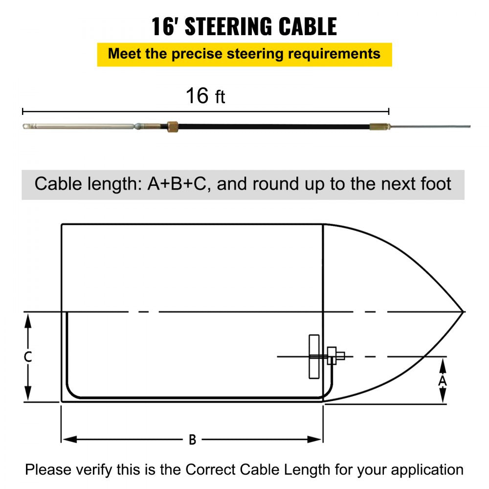 Outboard Steering System 16` Outboard Steering Kit 16 Feet Boat Steering Cable with 13" Wheel Durable Marine Steering System