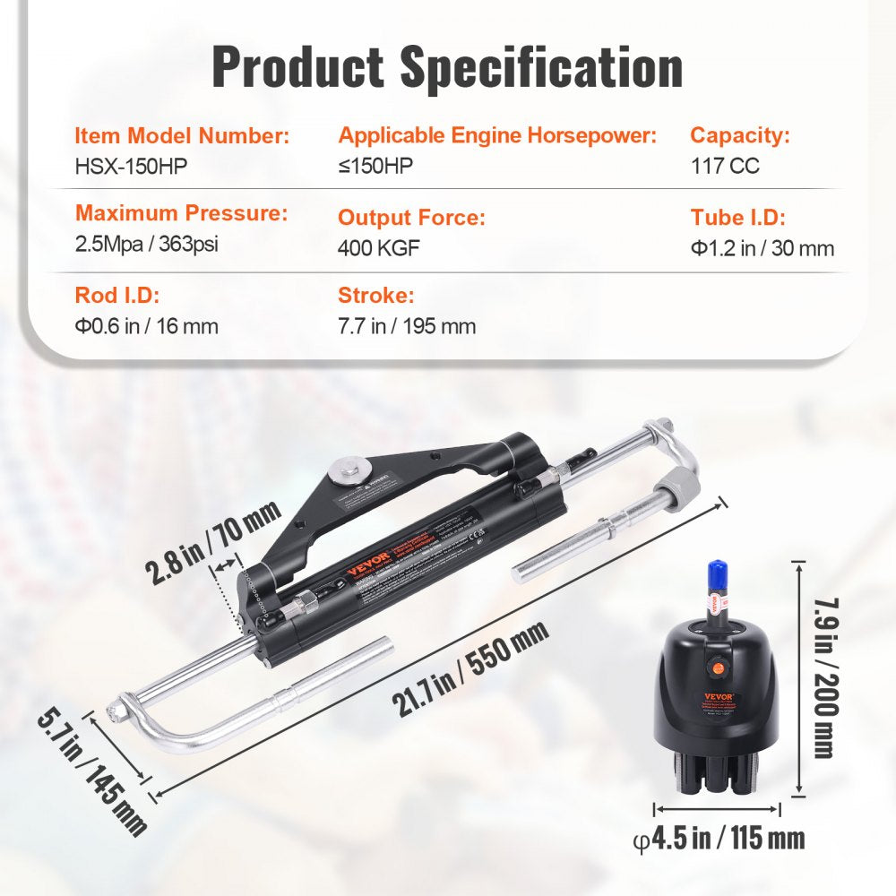 Hydraulic Outboard Steering Kit, 150HP, Marine Boat Hydraulic Steering System, with Helm Pump Two-Way Lock Cylinder and 26 Feet Hydraulic Steering Hose, for Single Station Single-Engine Boats