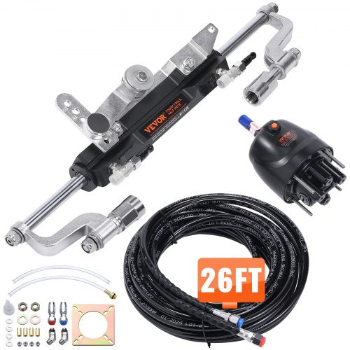 Hydraulic Outboard Steering Kit, 300HP, Marine Boat Hydraulic Steering System, with Helm Pump Two-Way Lock Cylinder and 26 Feet Hydraulic Steering Hose, for Single Station Single-Engine Boats