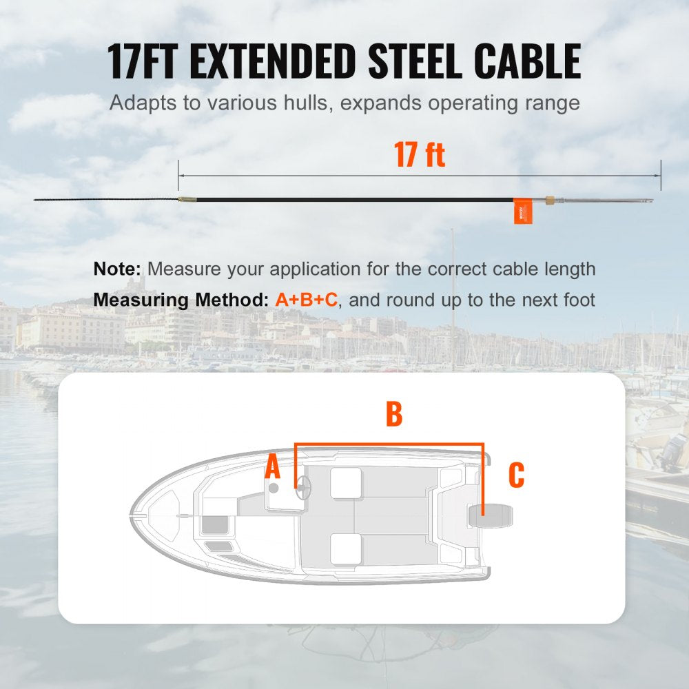 Boat Steering Cable, 17 Feet Outboard Marine Rotary Steering Cable, 1/2 Ton High Tensile Strength, Replacement Steering Cable Compatible with Most Single-Station Outboard Steering Systems