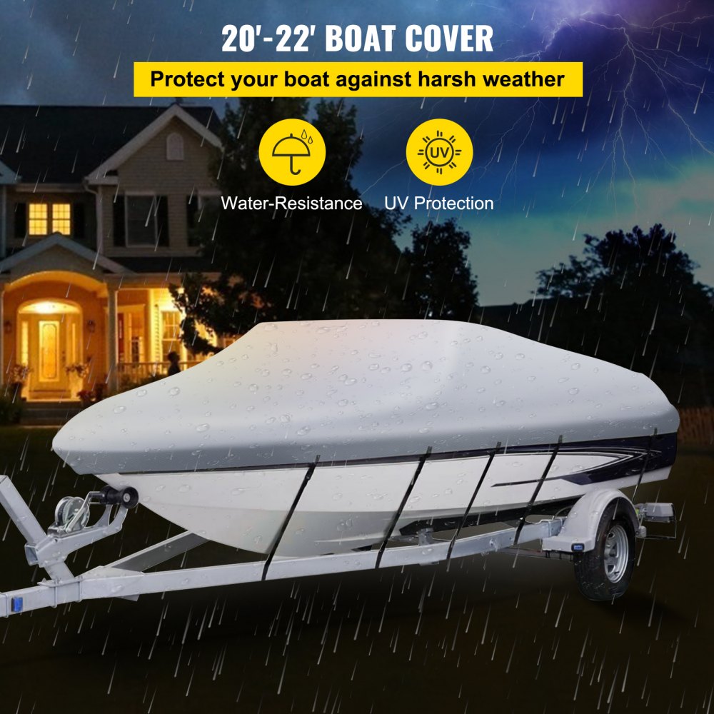 Waterproof Boat Cover, 20`-22` Trailerable Boat Cover, Beam Width up to 106" v Hull Cover Heavy Duty 210D Marine Grade Polyester Mooring Cover for Fits V-Hull Boat with 5 Tightening Straps