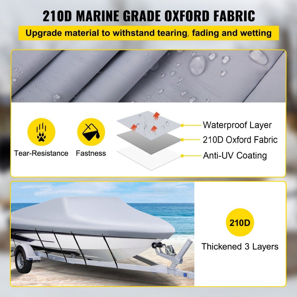 Waterproof Boat Cover, 20`-22` Trailerable Boat Cover, Beam Width up to 106" v Hull Cover Heavy Duty 210D Marine Grade Polyester Mooring Cover for Fits V-Hull Boat with 5 Tightening Straps