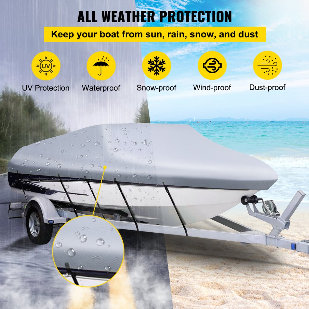 Waterproof Boat Cover, 20`-22` Trailerable Boat Cover, Beam Width up to 106" v Hull Cover Heavy Duty 210D Marine Grade Polyester Mooring Cover for Fits V-Hull Boat with 5 Tightening Straps