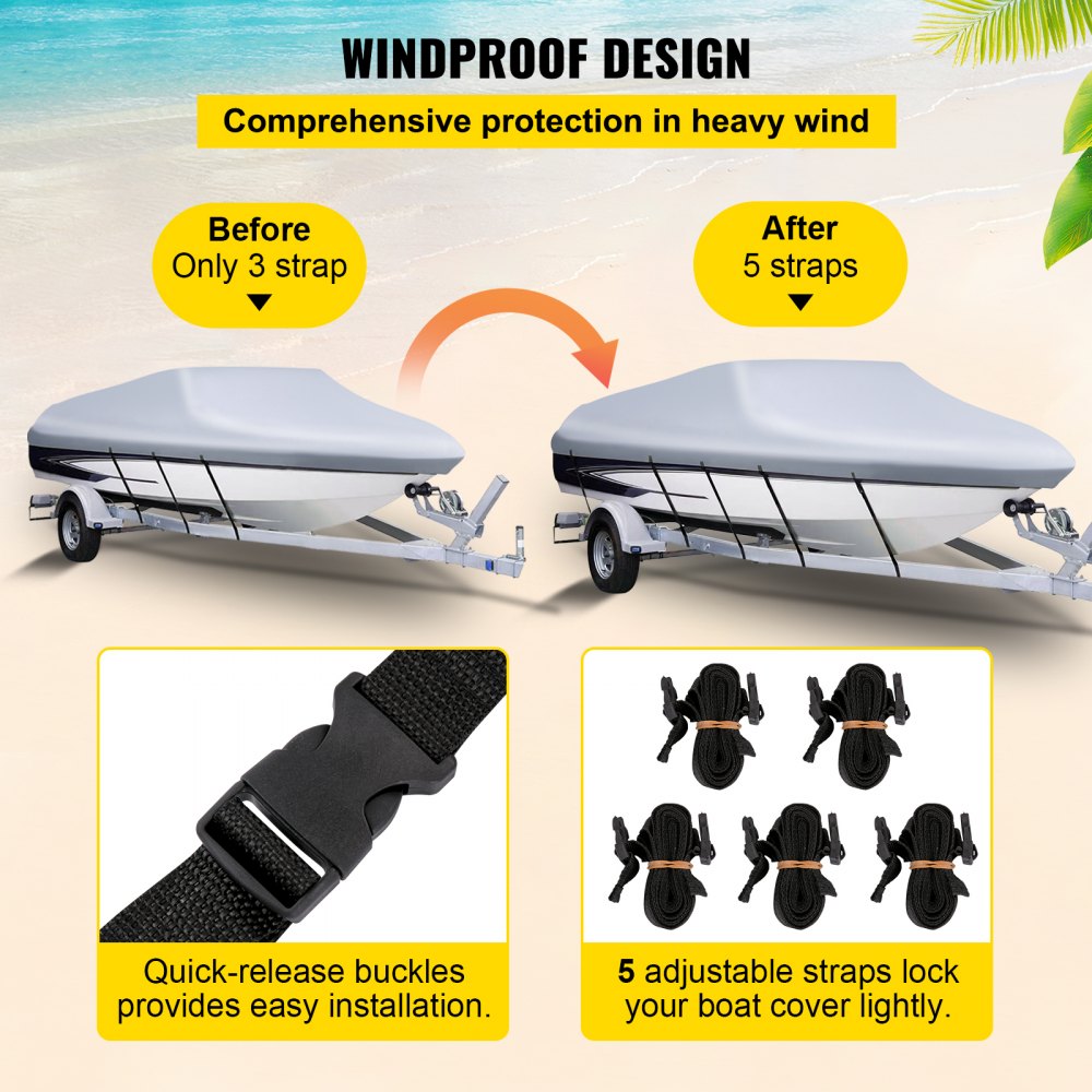 Waterproof Boat Cover, 20`-22` Trailerable Boat Cover, Beam Width up to 106" v Hull Cover Heavy Duty 210D Marine Grade Polyester Mooring Cover for Fits V-Hull Boat with 5 Tightening Straps