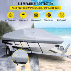 Waterproof Boat Cover, 14`-16` Trailerable Boat Cover, Beam Width up to 90" v Hull Cover Heavy Duty 210D Marine Grade Polyester Mooring Cover for Fits V-Hull Boat with 5 Tightening Straps