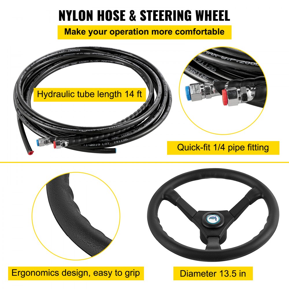 Hydraulic Boat Steering Kit, 300HP Hydraulic Steering Kit Helm Pump, Hydraulic Outboard Steeing Kit with 14 Feet Hydraulic Steering Hose for Boat Steering System