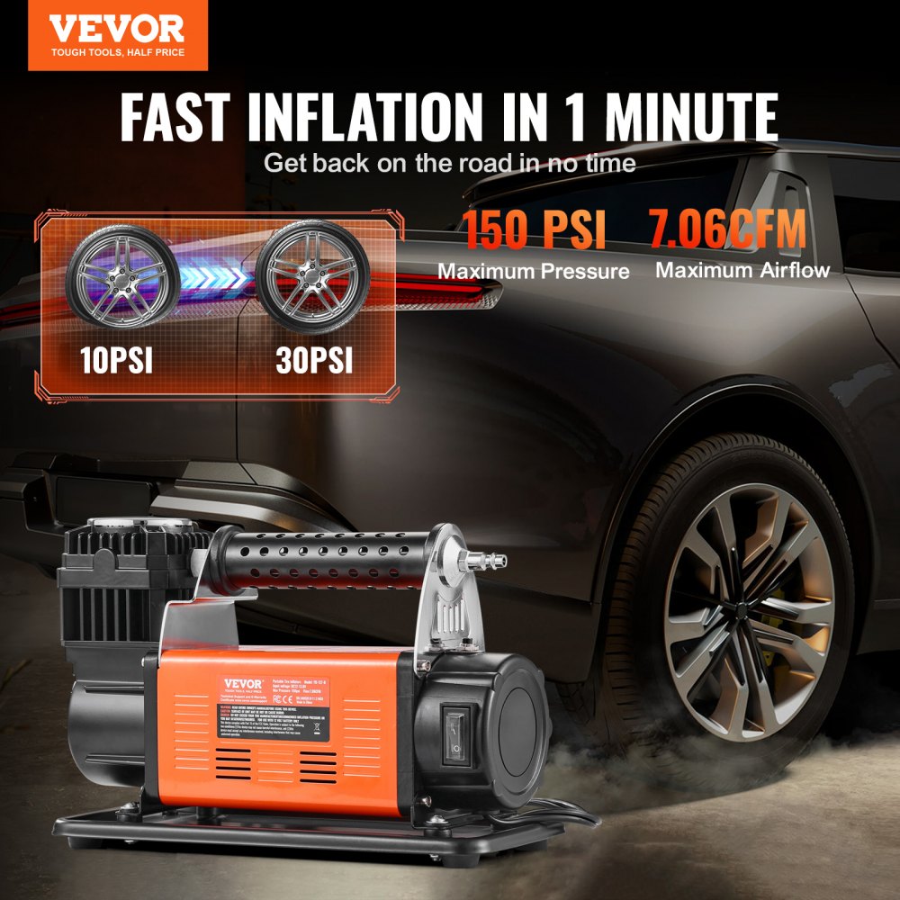 12V Heavy Duty Portable Air Compressor Car Tire Inflator 7.06CFM 150PSI