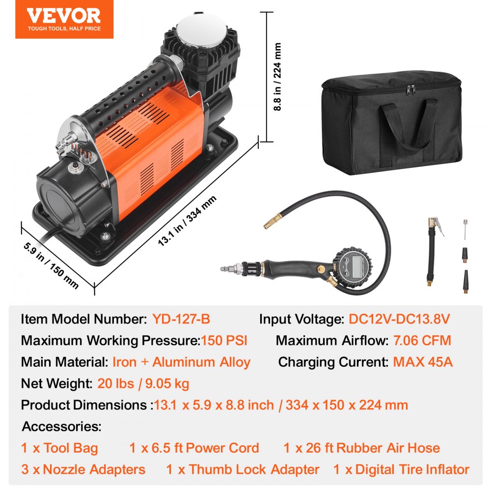 12V Heavy Duty Portable Air Compressor Car Tire Inflator 7.06CFM 150PSI