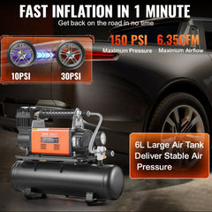 Heavy Duty Air Compressor & 6L Tank 6.35CFM Portable Tire Inflator 150PSI